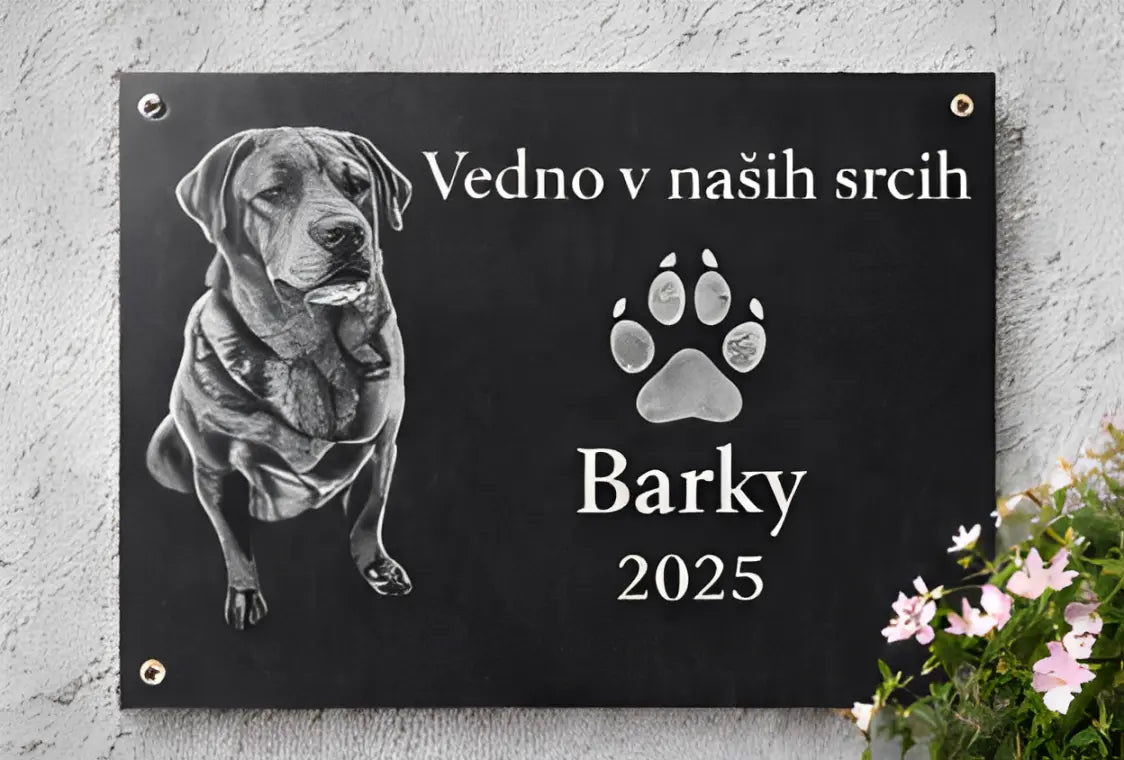 Spominska plošča za psa z gravuro fotografije in napisom »Vedno v naših srcih« – personaliziran spomin za hišnega ljubljenčka
