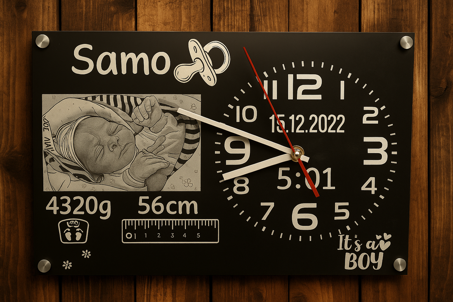 Personalizirana stenska ura na Dibond plošči z lasersko gravuro