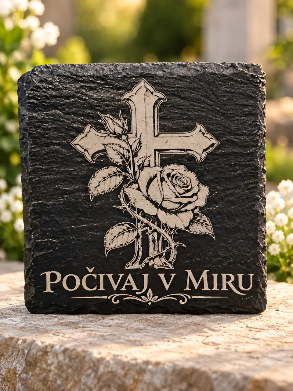 Spominska ploščica iz skrilavca s križem, vrtnico in napisom Počivaj v miru
