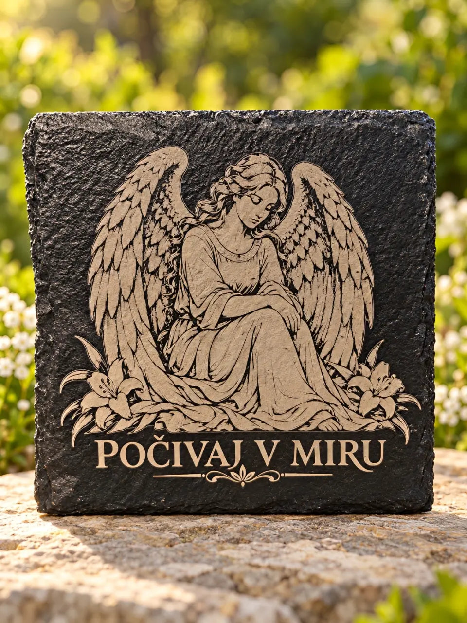 Spominska ploščica iz skrilavca z angelom in napisom Počivaj v miru