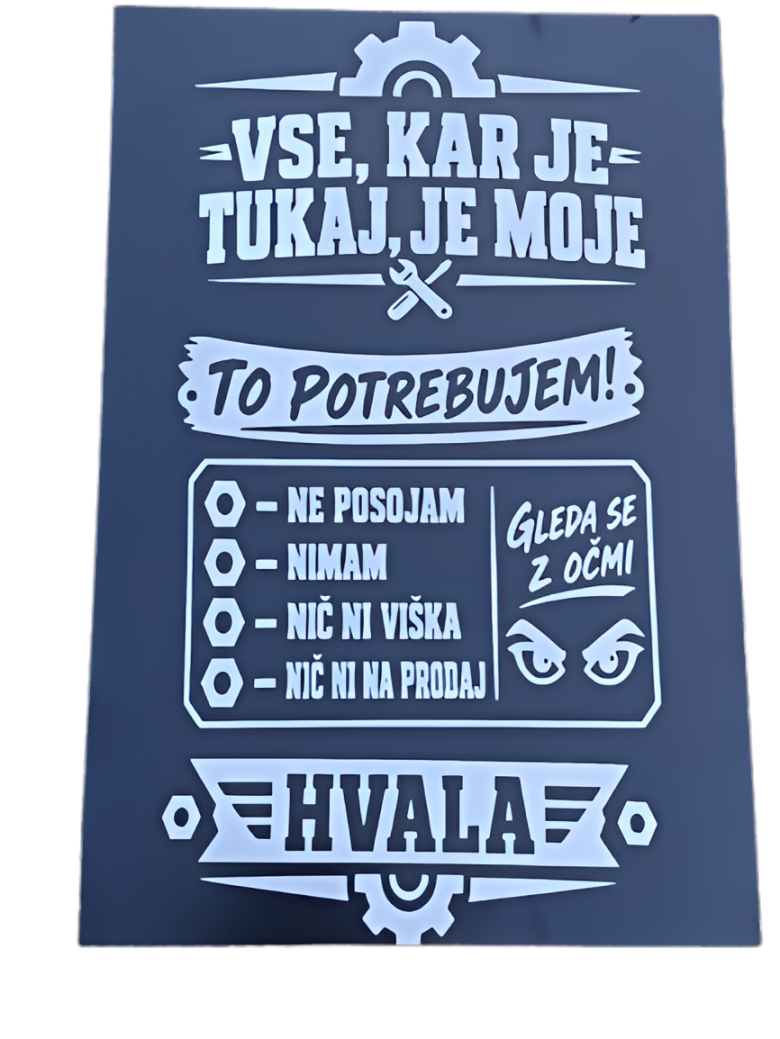 Gravirana črna tablica z zabavnim napisom za delavnico