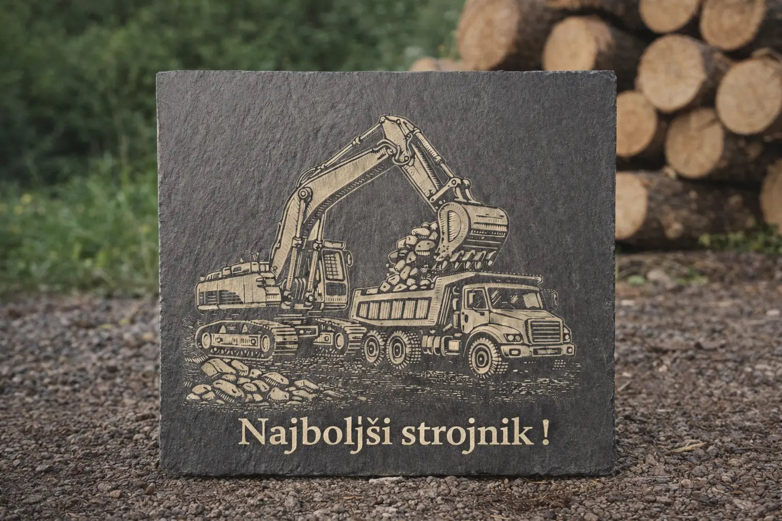 Gravirana skrilavec ploščica 13x13 cm z napisom Najboljši strojnik – laserska gravura bagra in tovornjaka