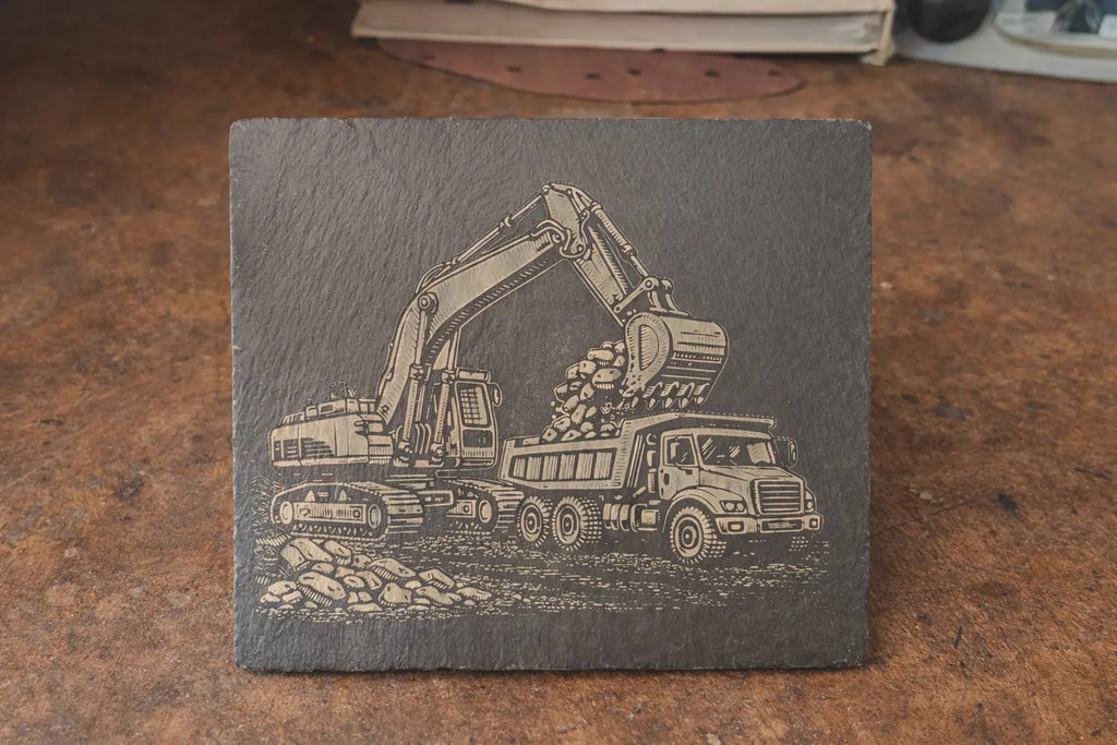 Gravirana naravna skrilavec ploščica 13x13 cm z motivom bagra in tovornjaka