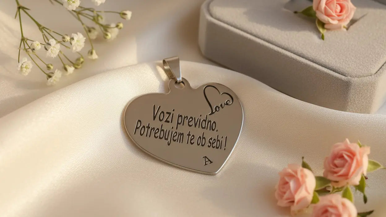 Personaliziran obesek za ključe v obliki srca z graviranim sporočilom