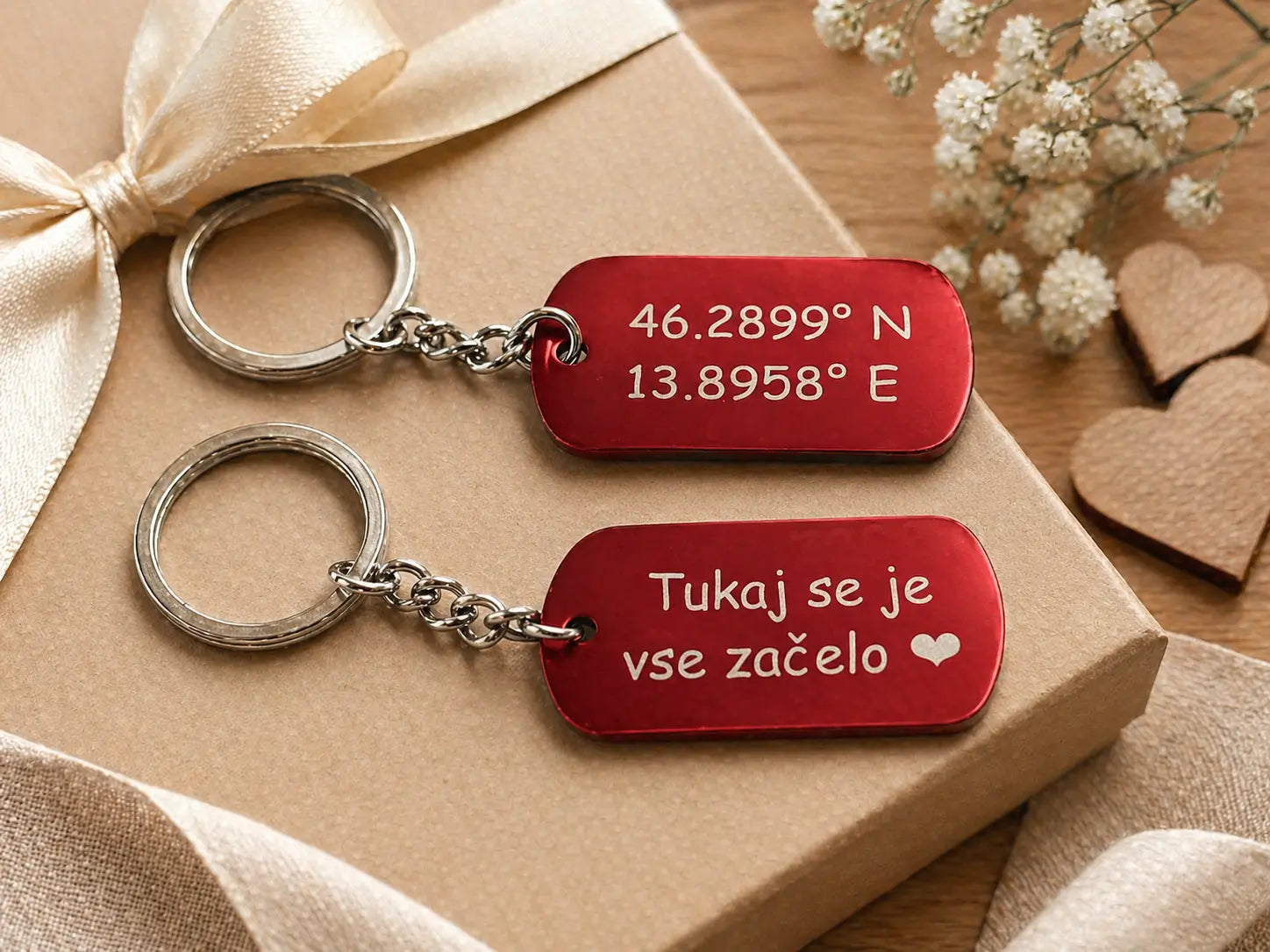 Set dveh personaliziranih obeskov za ključe z gravuro – koordinati in romantičen napis na darilni embalaži z dekoracijo