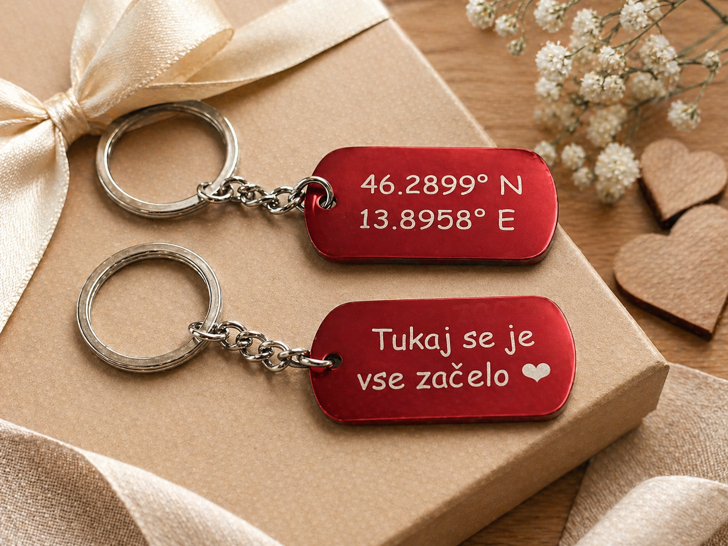 Set dveh personaliziranih obeskov za ključe z gravuro – koordinati in romantičen napis na darilni embalaži z dekoracijo