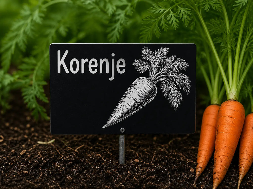 gravirana tablica za korenje, kovinska oznaka za rastline z motivom korenja, oznaka za vrt