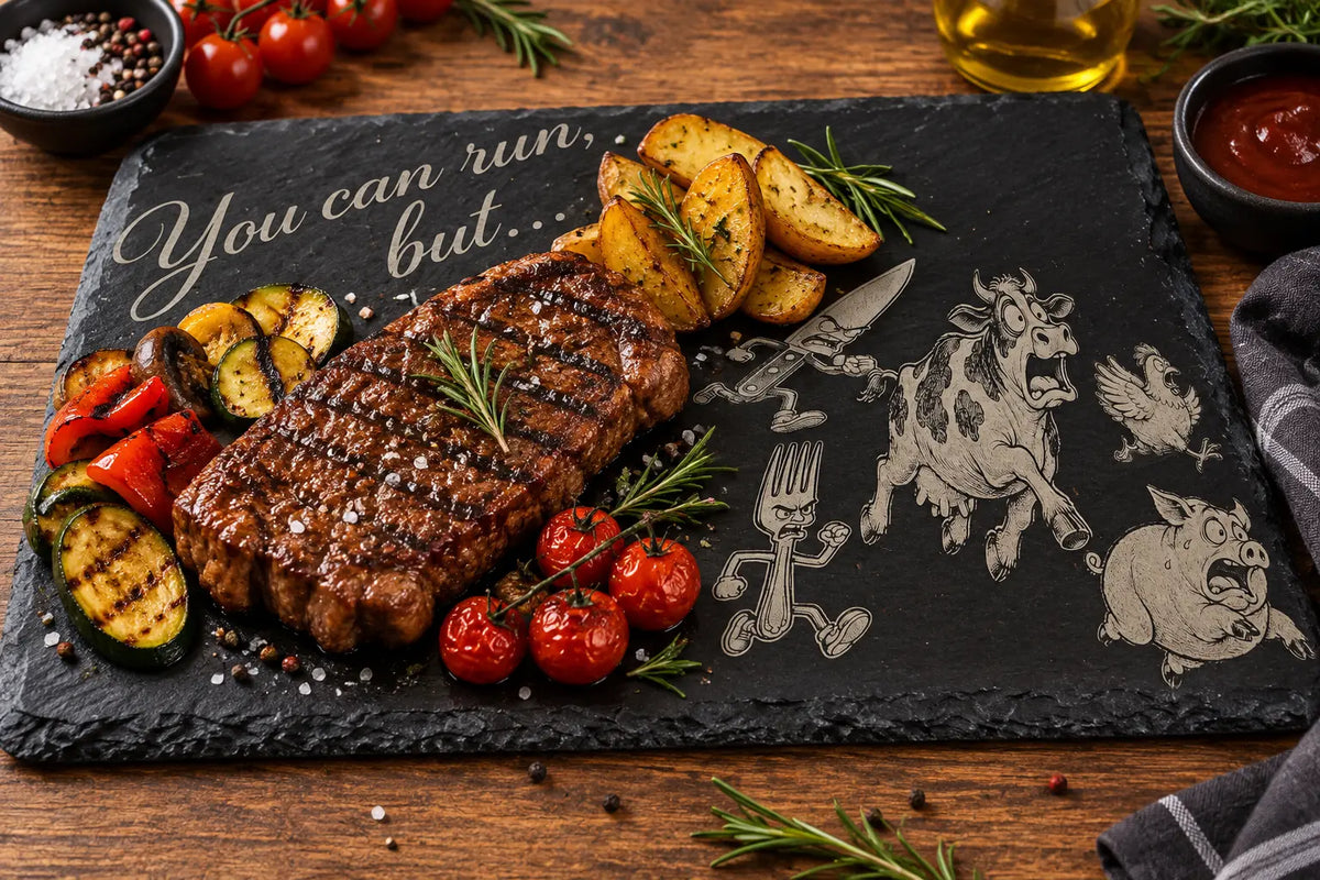 Črna skrilavčeva postrežna deska z lasersko gravuro in servirano hrano, primerna kot darilo za ljubitelje žara.