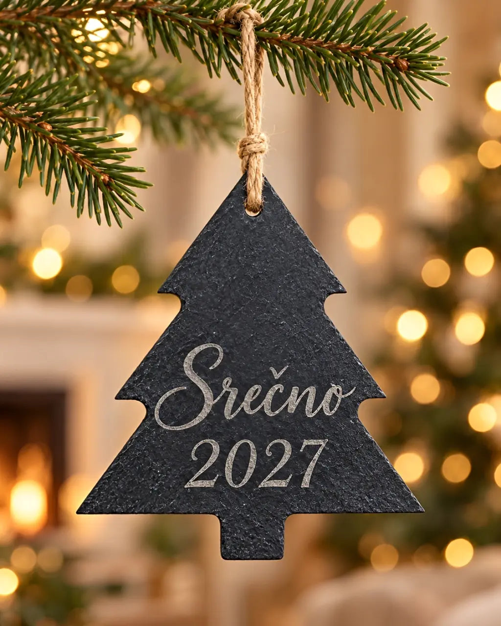Personaliziran okrasek iz skrilavca v obliki smrečice z gravuro Srečno 2027