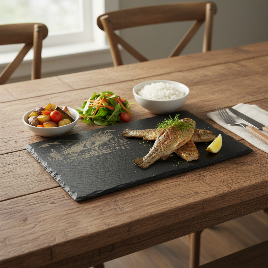 Postrežna deska iz skrilavca z graviranim motivom riba in napisom po želji