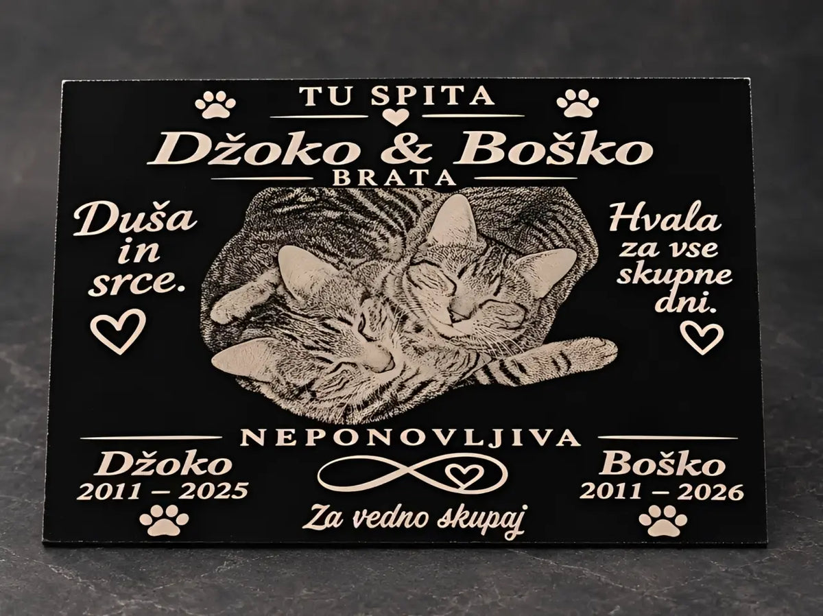 Spominska plošča za mačko z gravirano fotografijo, imenom in letnicami, 15 × 10 cm