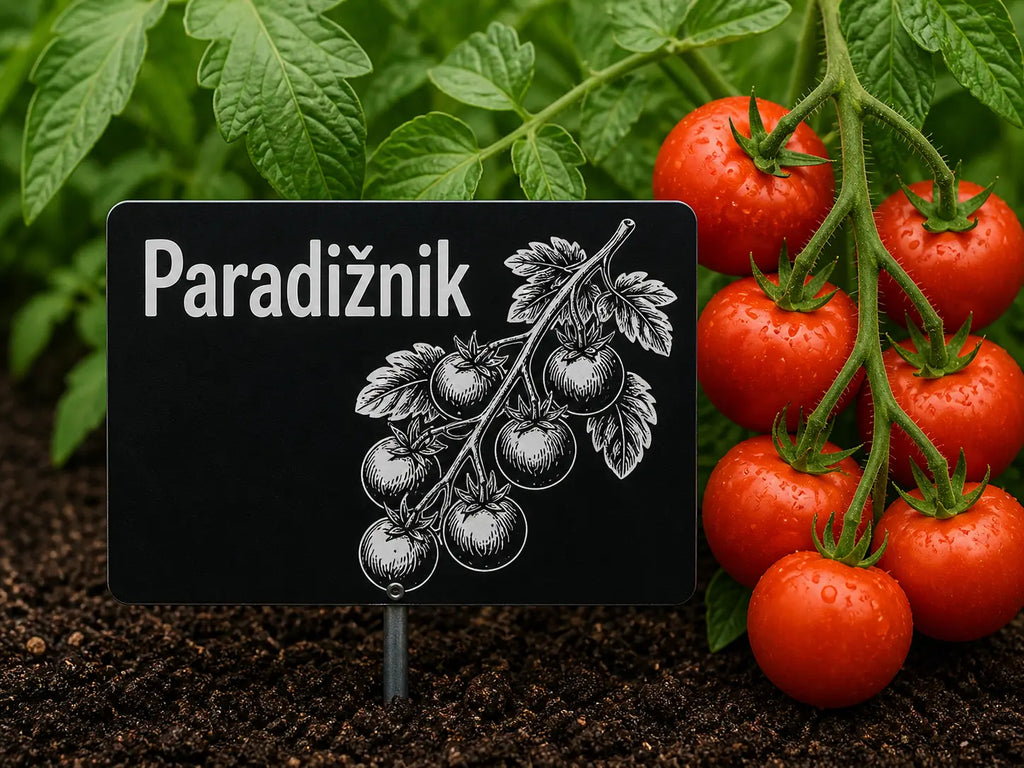 gravirana tablica za paradižnik, kovinska oznaka za rastline z motivom paradižnika, oznaka za vrt